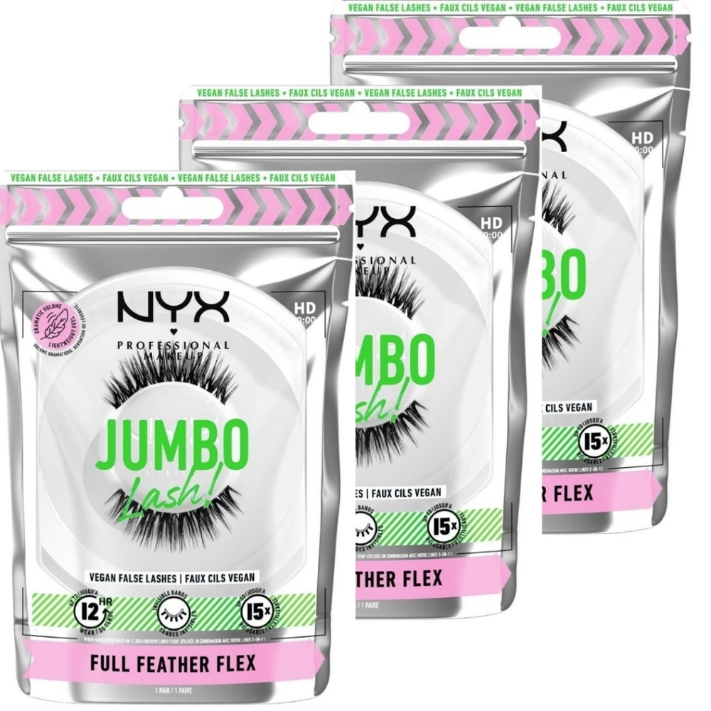 NYX Jumbo Lash! Vegan False Lashes - Full Feather Flex - 3 Packs -Reusable - 12h